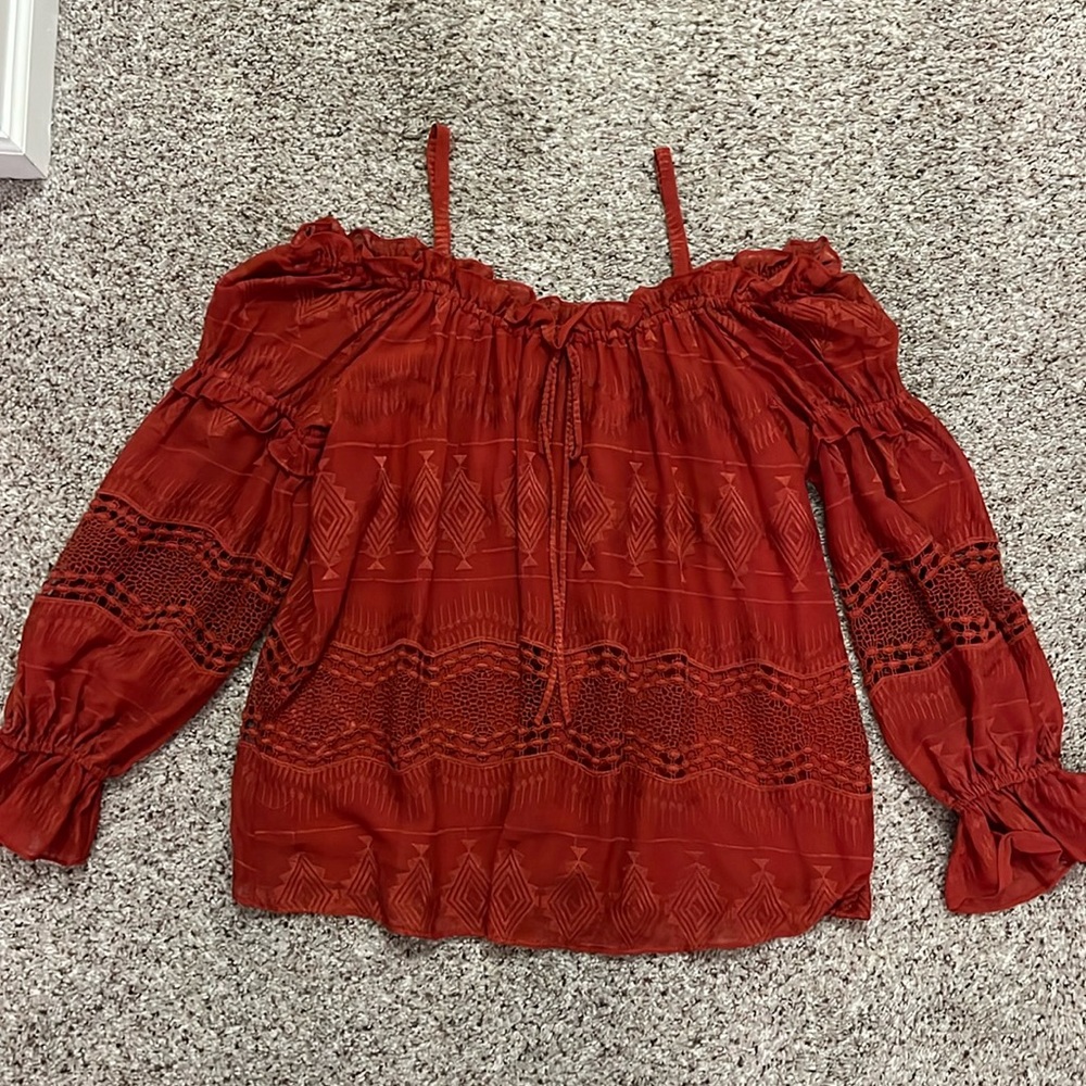 BCBGMaxazria off the shoulder top,embroidery on the sleeves and body.Like new,M.